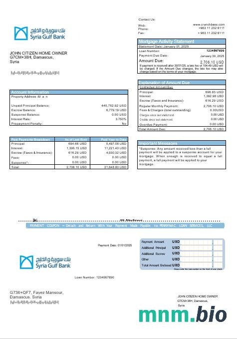 Syria Gulf Bank wyciąg z kredytu hipotecznego w formatach Word i PDF